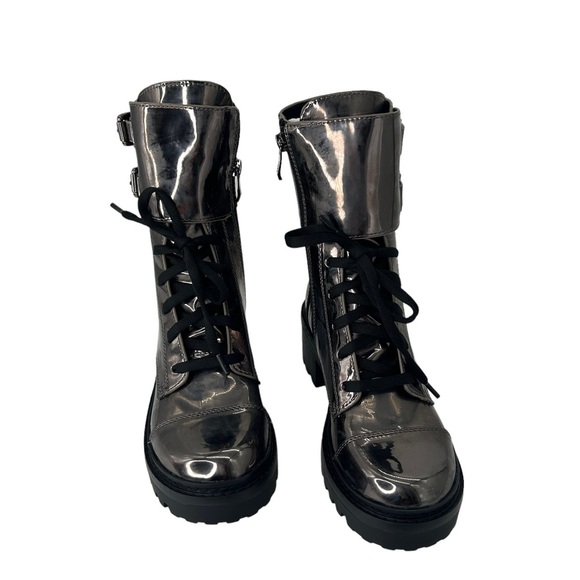 NWT DKNY Bart Combat Boots Size 7 Metallic Patent Gunmetal Mirror Finish in Box - Picture 6 of 9